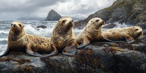 Fototapeta premium Sea lions on rocky shoreline in storm 