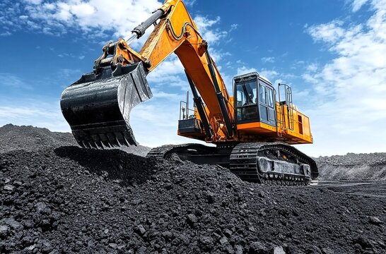 An excavator is digging in the coal mine, with a blue sky and white clouds above it