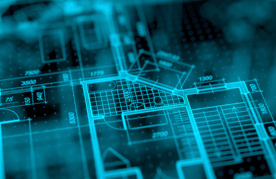 Architecture blueprint on digital lcd display with reflection. Abstract technology background. 3D rendering.