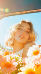 Fototapeta premium A beautiful young woman with golden gradient blonde hair sits in seat of blue vintage classic car surrounded by vibrant flowers. pastel fashion floral aesthetic wallpaper