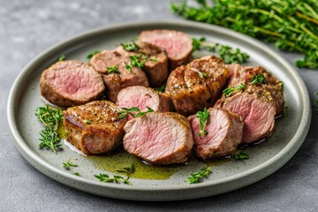 Tender pork medallions with sauce and herbs, warm and inviting presentation