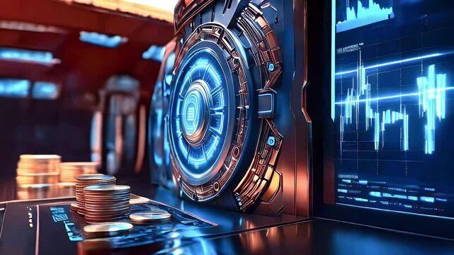 Futuristic digital vault with glowing interface and stacks of coins.