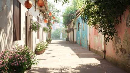 Obraz premium Colorful Alleyway with Lanterns and Flowers in Cheerful Neighborhood