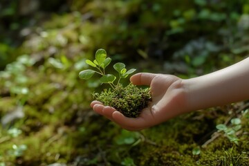 Fototapeta premium A child's hand holds a young plant on a green nature background. Earth day concept eco 