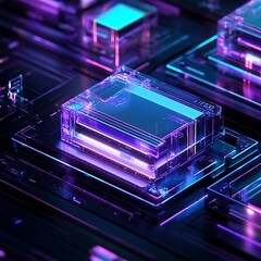 Obraz premium Futuristic Abstract Geometry with Glowing Purple and Blue Cubes on a Dark Background, Highlighting Modern Technology and Digital Aesthetics in a Stunning Visual Display