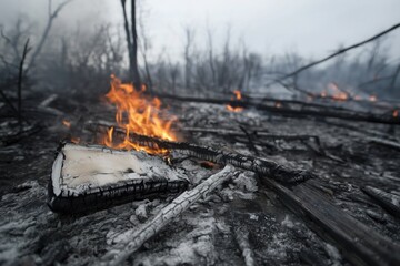 Aftermath of Wildfire: Charred remnants of a forest fire, with burning wood and ash covering the ground, creating a somber and dramatic scene.