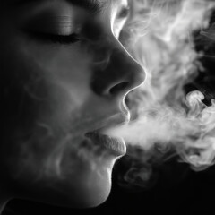 Profile of a woman vaping in dramatic black and white