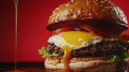 Delicious hamburger yummy burger with grilled meat beef vegetables cheese sauce fresh lettuce and tomatoes red background. food photography advertising fashion restaurant cuisine gourmet wallpaper