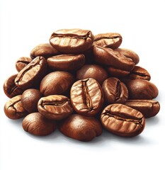 A detailed illustration of roasted coffee beans piled together, showcasing their rich texture, brown color, and aromatic appeal.
