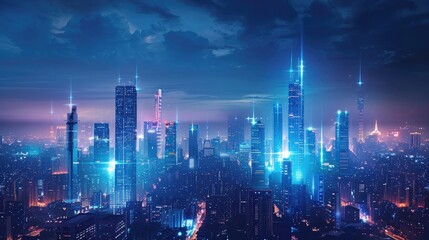 Obraz premium Futuristic cityscape with glowing blue neon lights