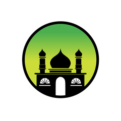Vector design of mosque symbol logo silhouette with minaret on gradient green background, symbolizing Islamic culture and spirituality in circular design.