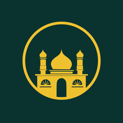 Vector illustration of a golden mosque logo icon symbol surrounded by a circle, on a dark green background. Perfect for religious, cultural and Islamic themed designs or branding.
