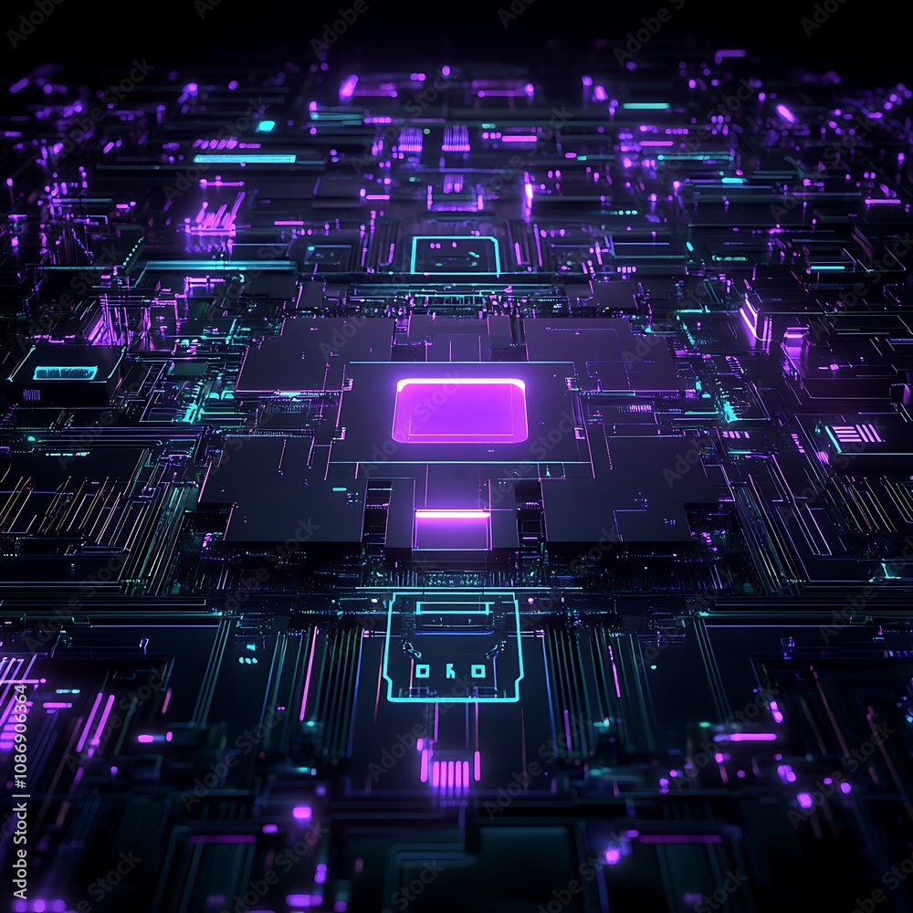 Poster futuristic digital circuit board with neon elements in vibrant colors, abstract technology backgroun