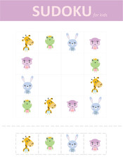 Sudoku for kids with cute animals. Children's puzzles. Educational game for children with characters.