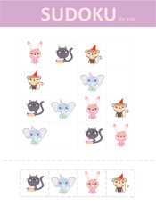 Sudoku for kids with cute animals. Children's puzzles. Educational game for children with characters.