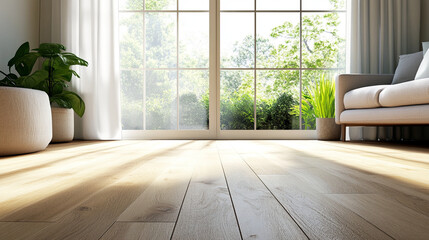 Sunlit 3D Render of a Cozy Living Room with Large Window and Wooden Flooring. Modern Interior Design Concept with Natural Light and Warm Ambiance