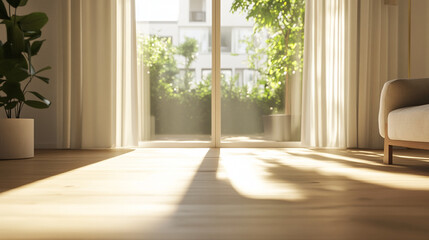 Fototapeta premium Sunlit 3D Render of a Cozy Living Room with Large Window and Wooden Flooring. Modern Interior Design Concept with Natural Light and Warm Ambiance