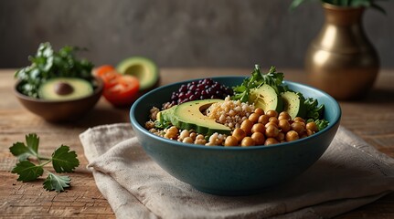Vegan Buddha bowl with quinoa, avocado, chickpeas, and greens
