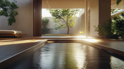 Sunlit 3D Render of a Cozy Living Room with Large Window and Wooden Flooring. Modern Interior Design Concept with Natural Light and Warm Ambiance