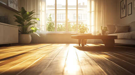Sunlit 3D Render of a Cozy Living Room with Large Window and Wooden Flooring. Modern Interior Design Concept with Natural Light and Warm Ambiance