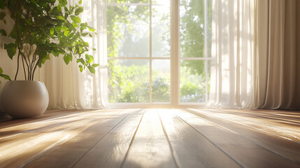 Sunlit 3D Render of a Cozy Living Room with Large Window and Wooden Flooring. Modern Interior Design Concept with Natural Light and Warm Ambiance