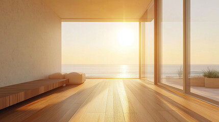 Sunlit 3D Render of a Cozy Living Room with Large Window and Wooden Flooring. Modern Interior Design Concept with Natural Light and Warm Ambiance
