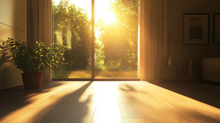 Sunlit 3D Render of a Cozy Living Room with Large Window and Wooden Flooring. Modern Interior Design Concept with Natural Light and Warm Ambiance