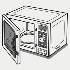 A detailed drawing of a microwave oven showcasing its front panel and door design.
