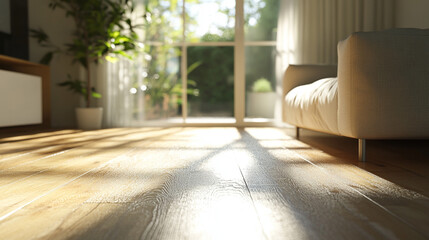 Sunlit 3D Render of a Cozy Living Room with Large Window and Wooden Flooring. Modern Interior Design Concept with Natural Light and Warm Ambiance