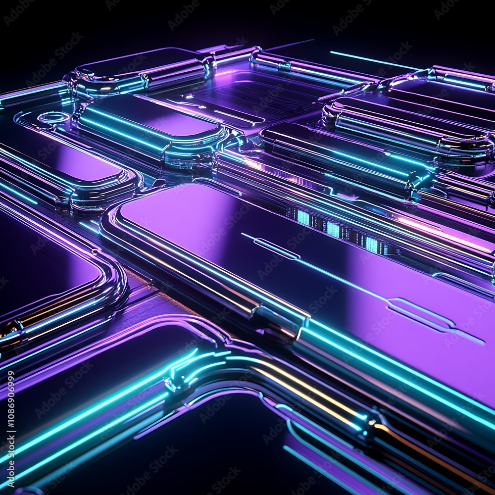 Poster Futuristic Digital Interface with Neon Light Effects Displaying Interconnected Phone Components and Advanced Technology Elements in a Dark Background