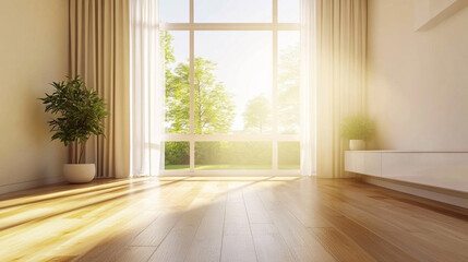 Sunlit 3D Render of a Cozy Living Room with Large Window and Wooden Flooring. Modern Interior Design Concept with Natural Light and Warm Ambiance