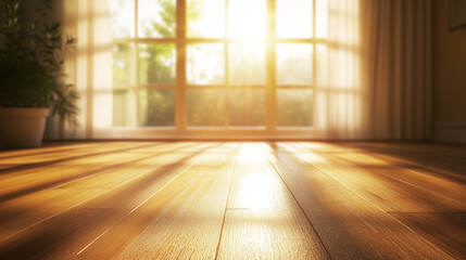 Sunlit 3D Render of a Cozy Living Room with Large Window and Wooden Flooring. Modern Interior Design Concept with Natural Light and Warm Ambiance