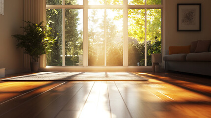 Sunlit 3D Render of a Cozy Living Room with Large Window and Wooden Flooring. Modern Interior Design Concept with Natural Light and Warm Ambiance