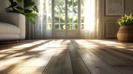 Sunlit 3D Render of a Cozy Living Room with Large Window and Wooden Flooring. Modern Interior Design Concept with Natural Light and Warm Ambiance