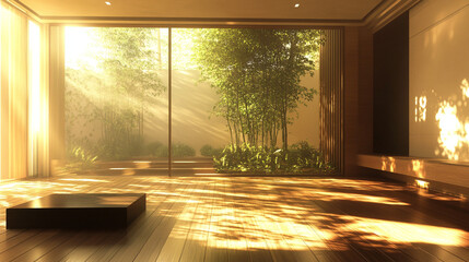 Sunlit 3D Render of a Cozy Living Room with Large Window and Wooden Flooring. Modern Interior Design Concept with Natural Light and Warm Ambiance