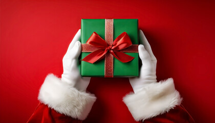 Santa Claus hands holding a beautifully wrapped green gift box with a red ribbon against a festive red background for Christmas celebration
