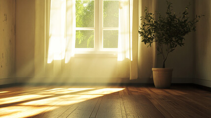Sunlit 3D Render of a Cozy Living Room with Large Window and Wooden Flooring. Modern Interior Design Concept with Natural Light and Warm Ambiance