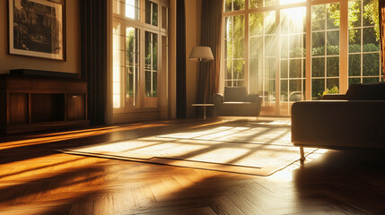 Sunlit 3D Render of a Cozy Living Room with Large Window and Wooden Flooring. Modern Interior Design Concept with Natural Light and Warm Ambiance