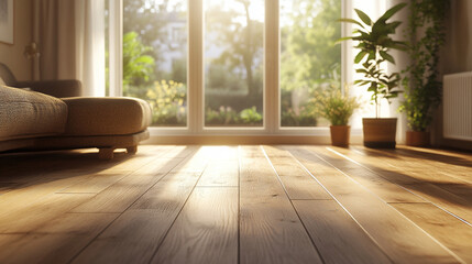 Sunlit 3D Render of a Cozy Living Room with Large Window and Wooden Flooring. Modern Interior Design Concept with Natural Light and Warm Ambiance
