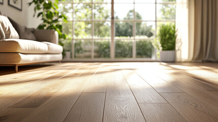 Sunlit 3D Render of a Cozy Living Room with Large Window and Wooden Flooring. Modern Interior Design Concept with Natural Light and Warm Ambiance