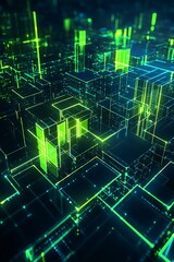 Fototapeta premium Futuristic Digital Landscape with Vibrant Green Lights and Geometric Structures Representing Technology, Data Flow and Urban Cityscape in a 3D Perspective