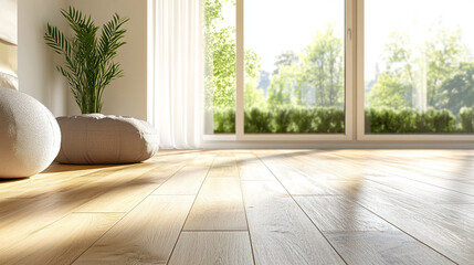 Sunlit 3D Render of a Cozy Living Room with Large Window and Wooden Flooring. Modern Interior Design Concept with Natural Light and Warm Ambiance
