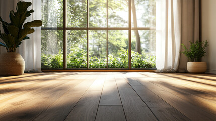 Sunlit 3D Render of a Cozy Living Room with Large Window and Wooden Flooring. Modern Interior Design Concept with Natural Light and Warm Ambiance