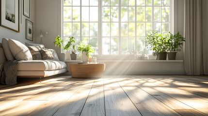 Sunlit 3D Render of a Cozy Living Room with Large Window and Wooden Flooring. Modern Interior Design Concept with Natural Light and Warm Ambiance