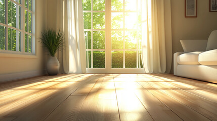 Sunlit 3D Render of a Cozy Living Room with Large Window and Wooden Flooring. Modern Interior Design Concept with Natural Light and Warm Ambiance