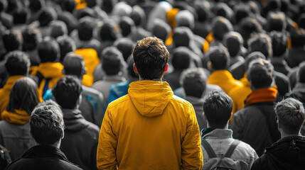 Man in yellow standing out from the crowd
