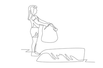 Little girl throws rubbish into the river. Water pollution concept one-line drawing