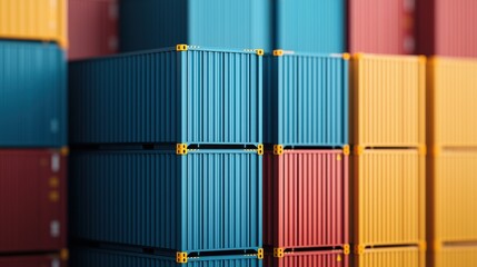 Fototapeta premium Colorful shipping containers stacked together, showcasing a vibrant array of blues, reds, and yellows in a modern shipping environment.