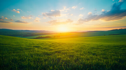 Beautiful summer rural landscape, Panorama of summer green field with Empty road and Sunset cloudy sky