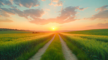Fototapeta premium Beautiful summer rural landscape, Panorama of summer green field with Empty road and Sunset cloudy sky